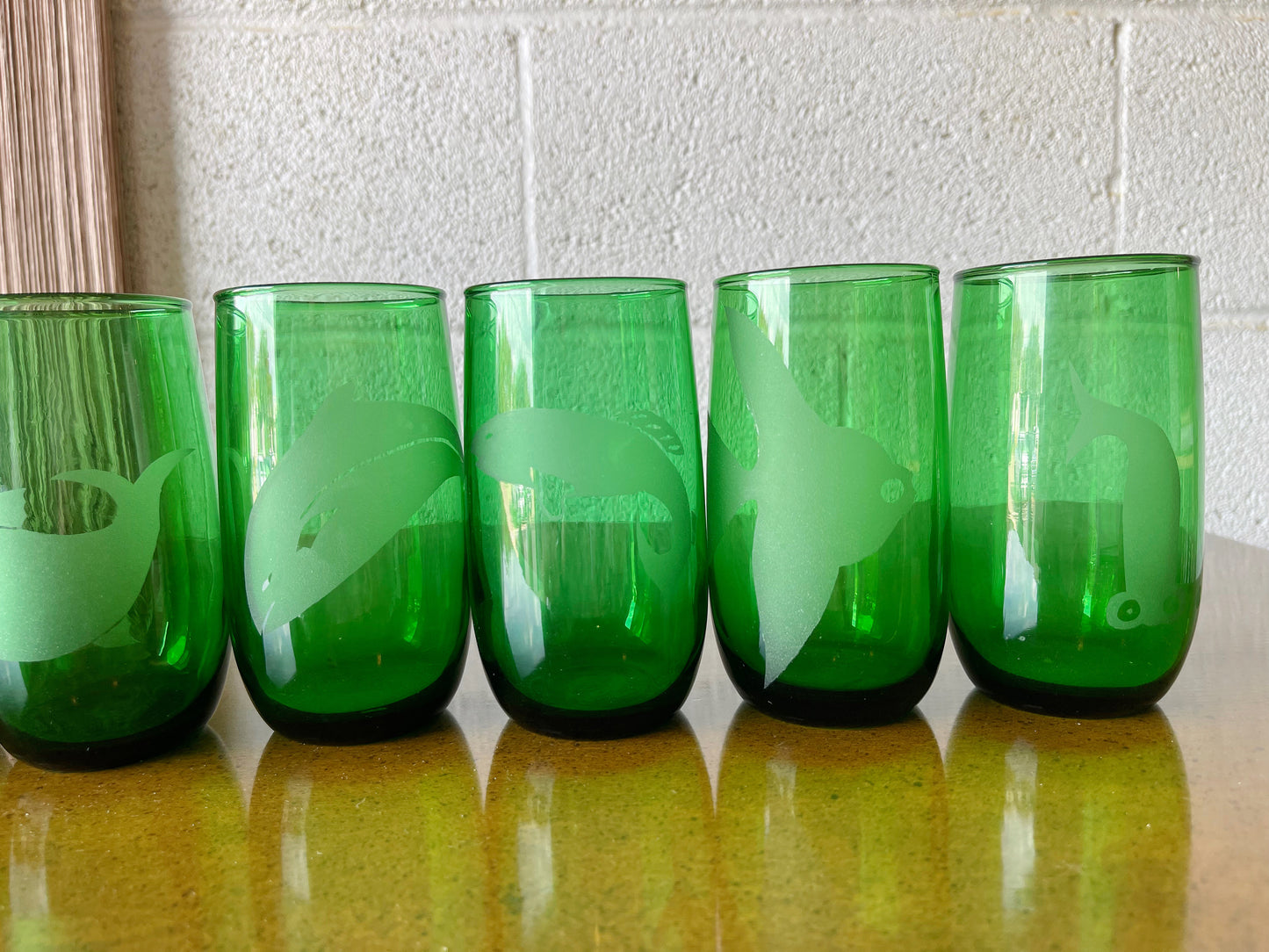 Set of 8 with Pitcher - Anchor Hocking - Roly Poly - Emerald Green Glassware Set