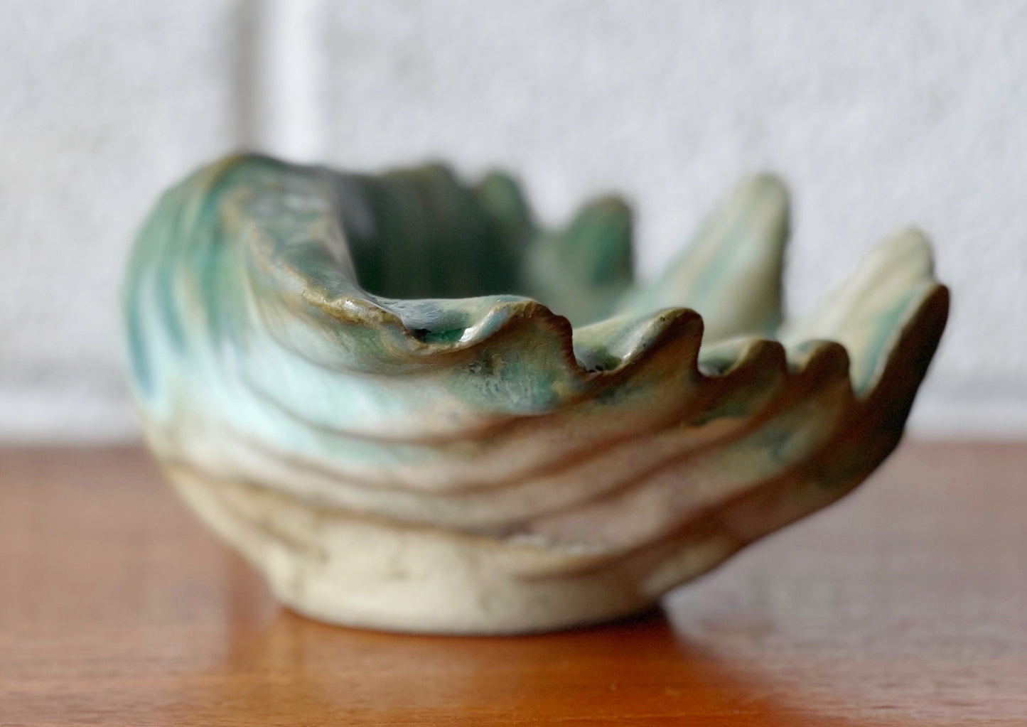 Vintage Handmade Ceramic Shell in Shades of Green Studio Pottery