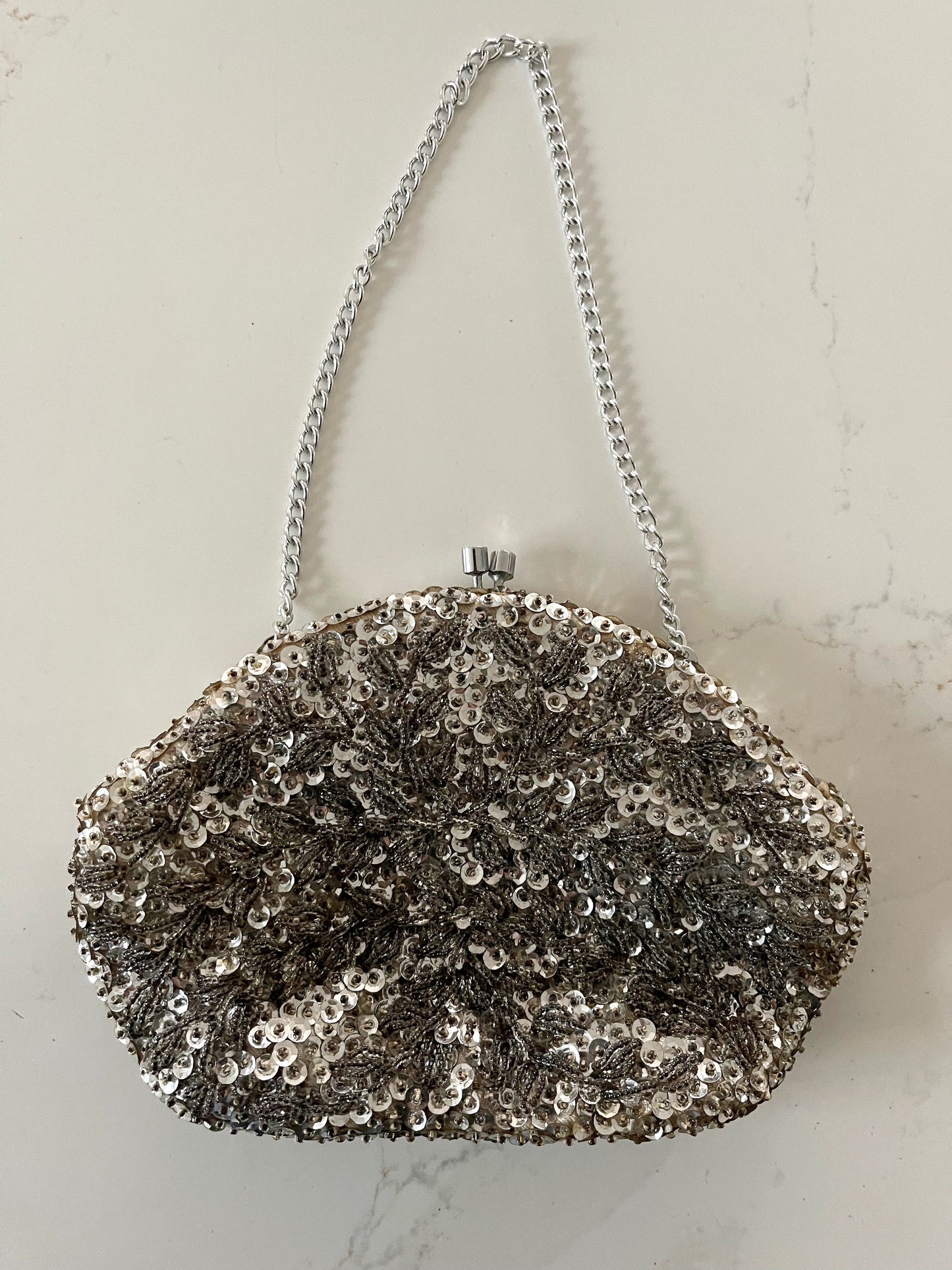Vintage Beaded Clutch -Silver Sequins  Handbag Purse