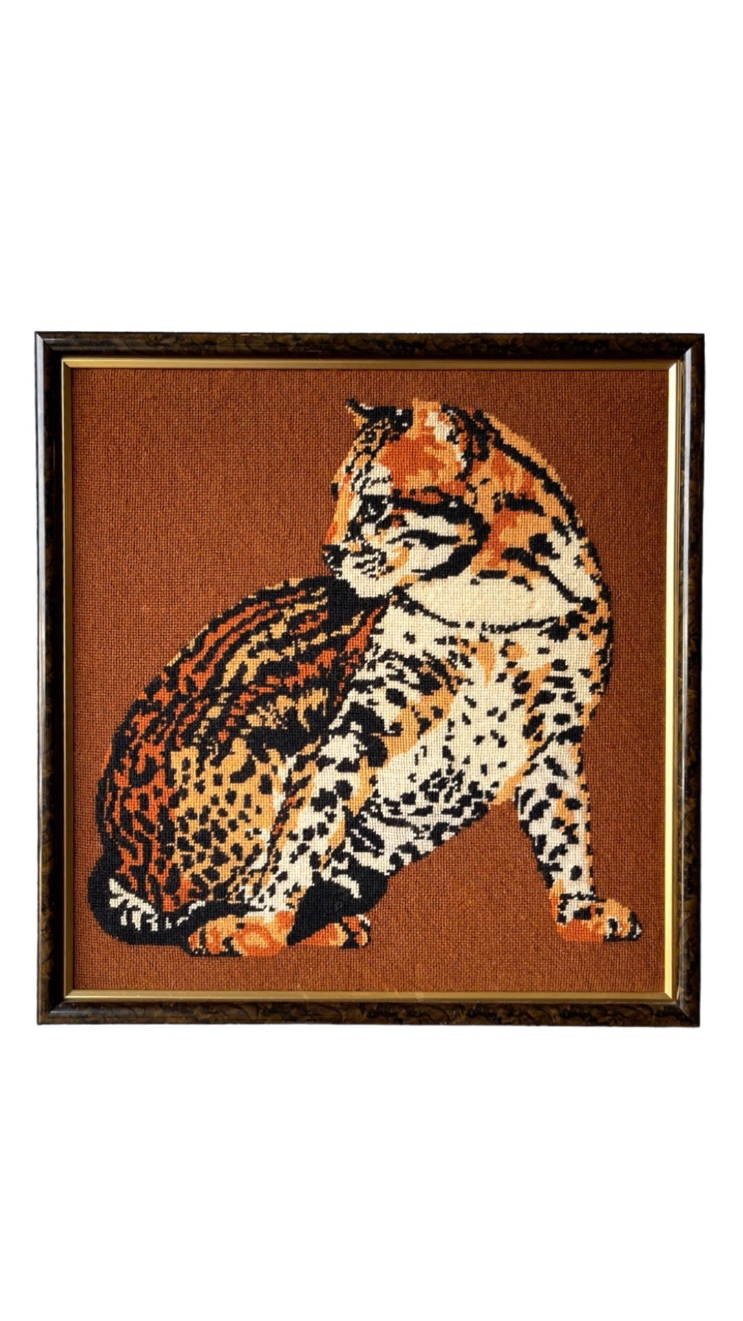 Vintage Leopard Needlepoint with Faux Tortoiseshell Frame