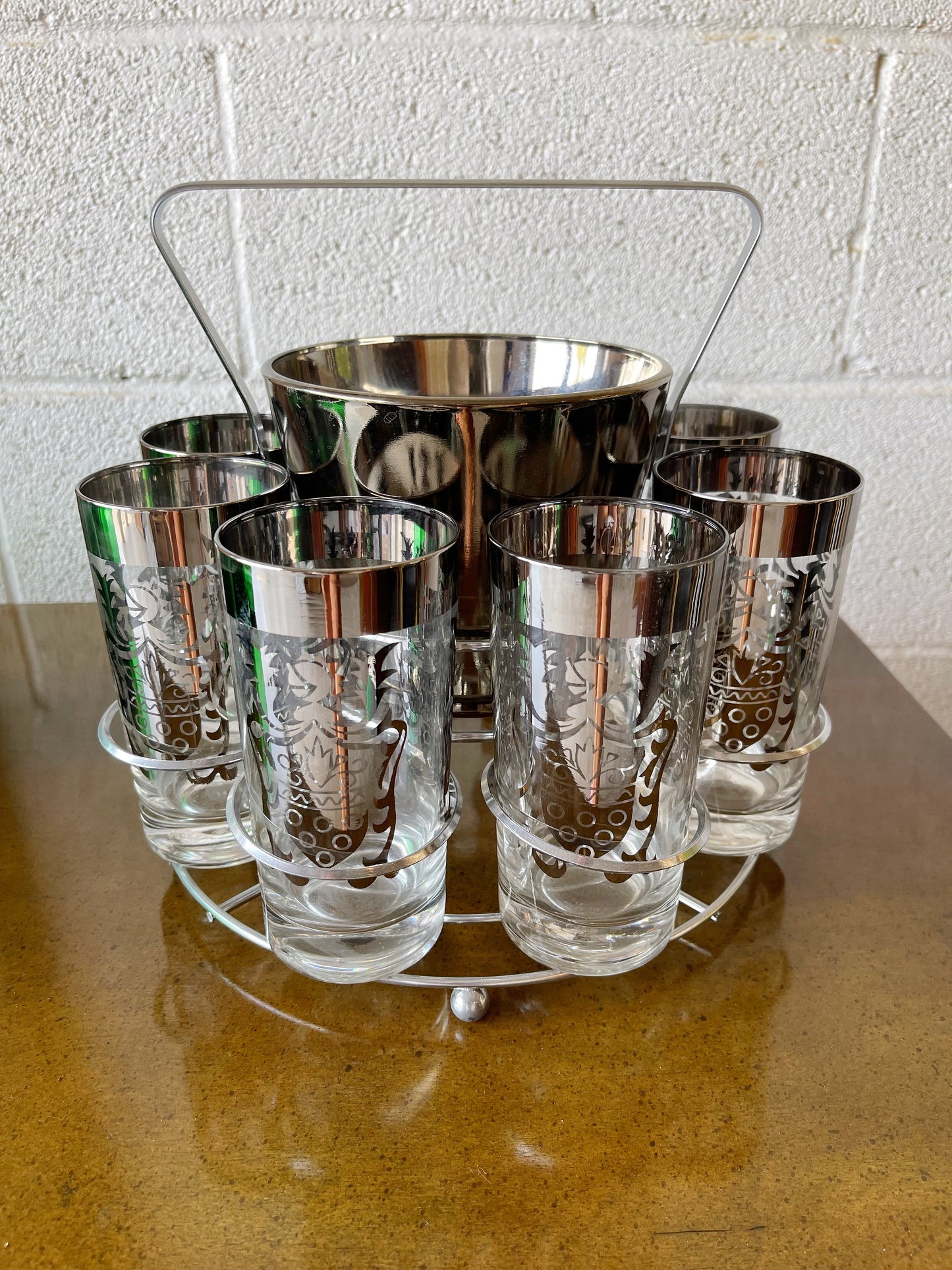 Set of 8 w/ Ice Bucket w/ Carrier - Kimiko Silvered Armored Shields  Highballs Glassware Set