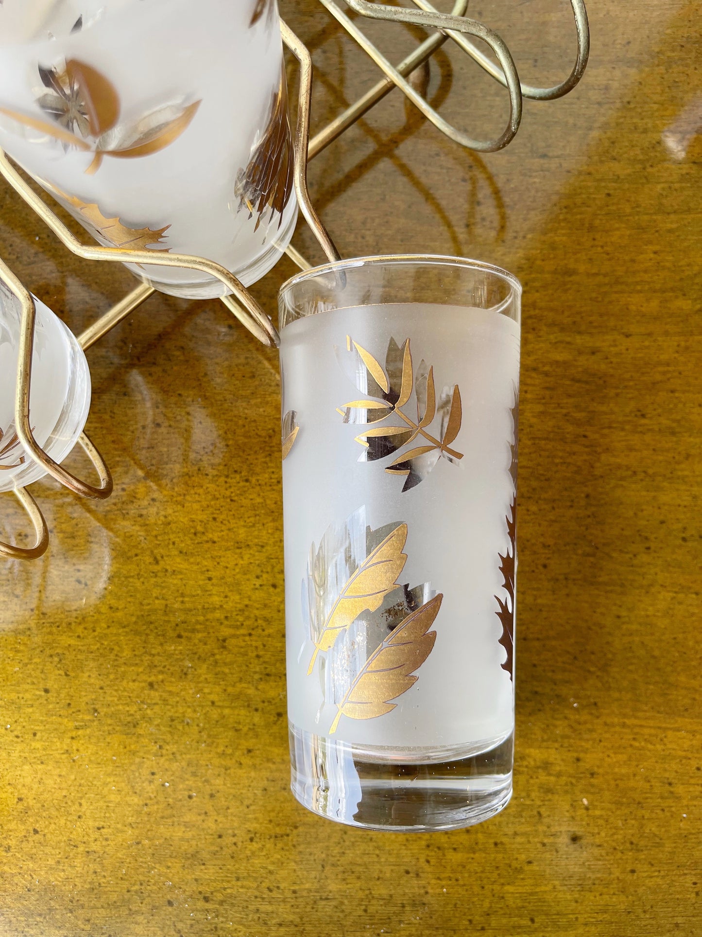 Set of 8 with Carrier - Vintage 1950’s Gold & Frosted Leaves Highballs Glassware Set