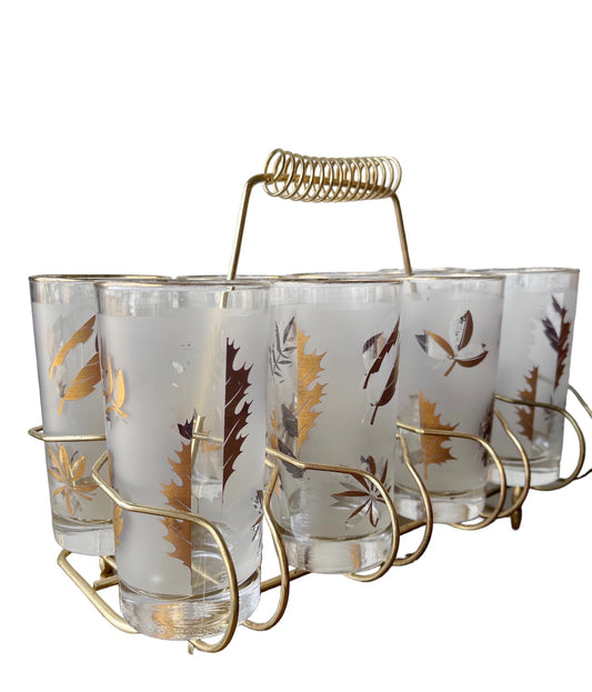 Set of 8 with Carrier - Vintage 1950’s Gold & Frosted Leaves Highballs Glassware Set