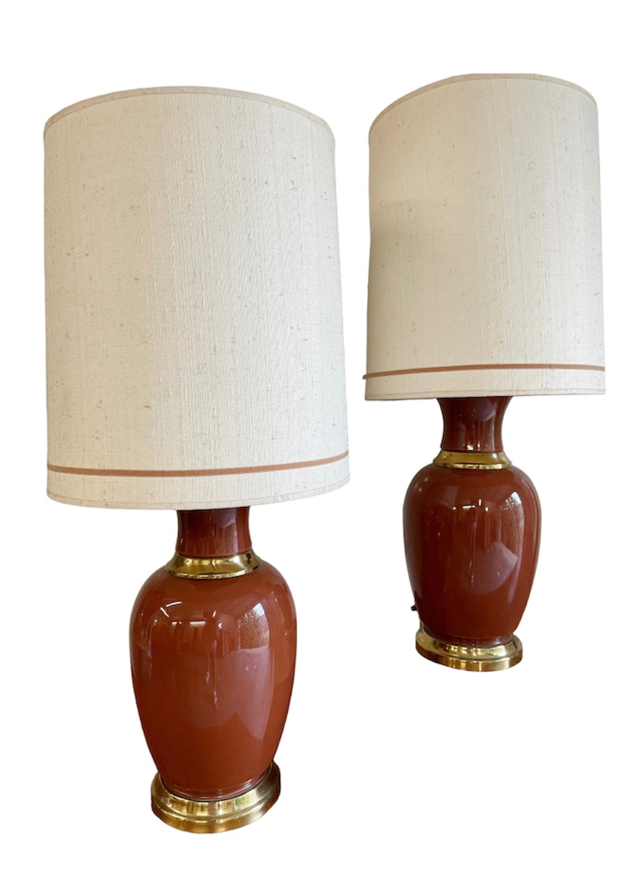 Pair of Vintage Extra Large Rust and Brass Lamps with Shades