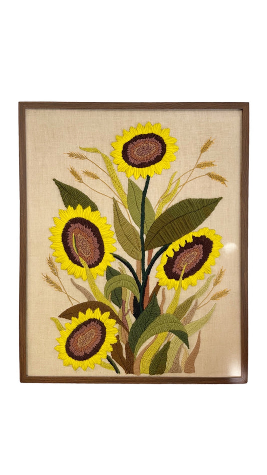 Vintage Framed Sunflower Crewel Wall Art