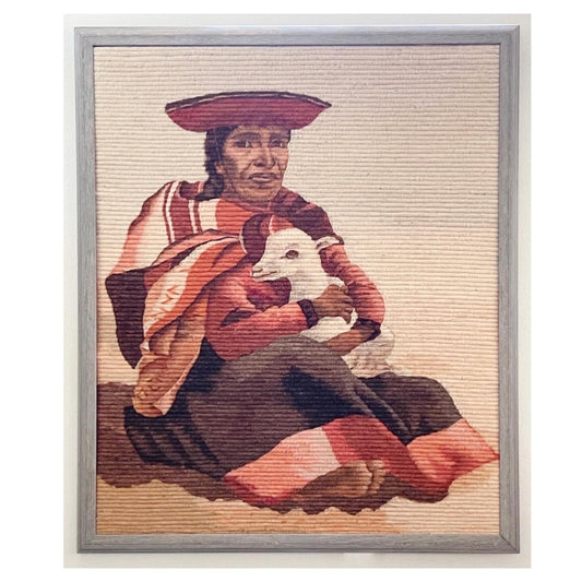 Vintage Peruvian Extra Large Wall Art of Woman and Lamb