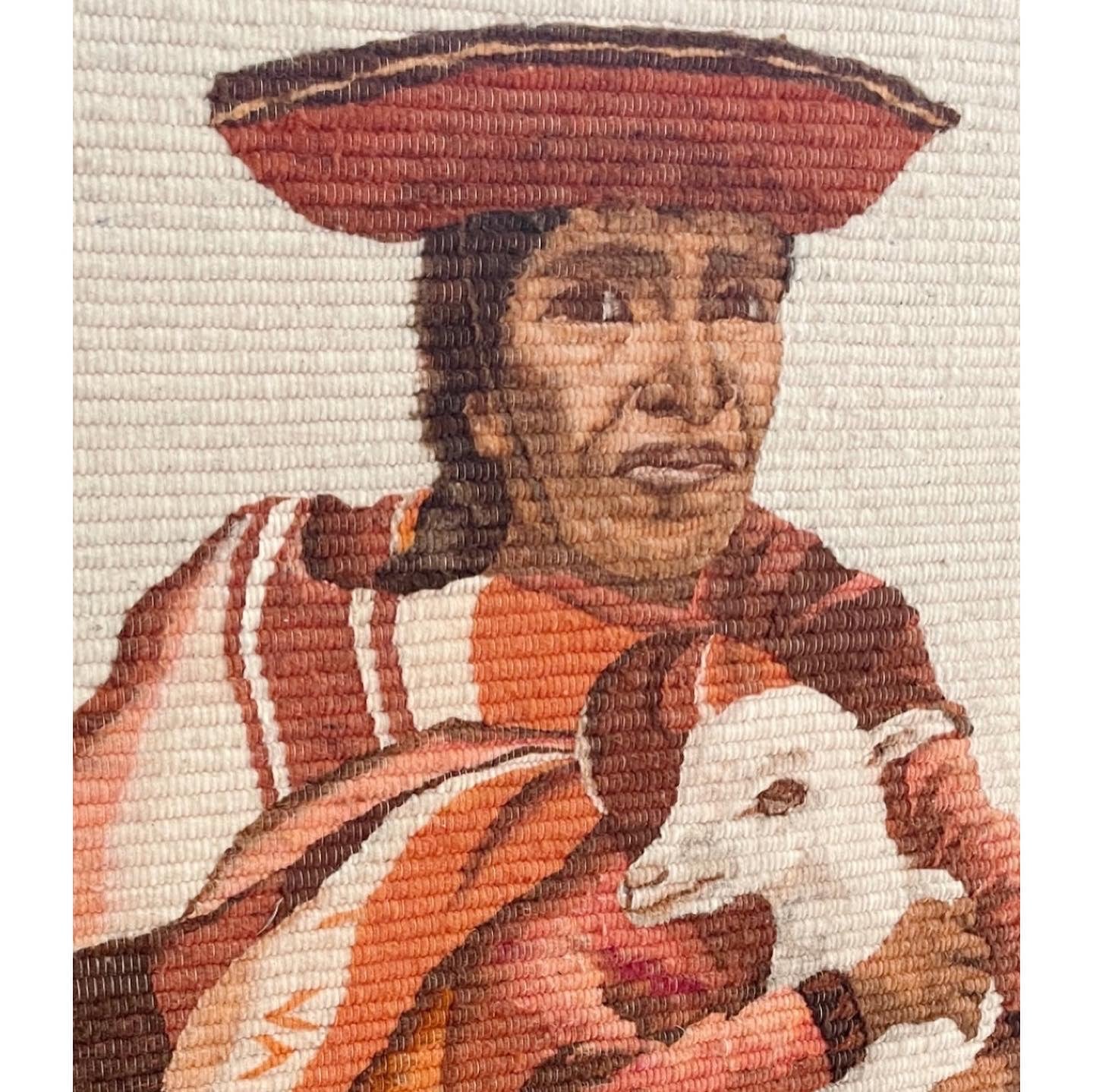 Vintage Peruvian Extra Large Wall Art of Woman and Lamb